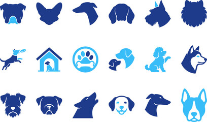 Collection of dog breed silhouettes and icons including playful dogs dog houses and paw prints graphics. © BM