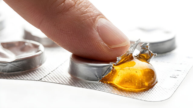 Macro realistic photo of a finger popping a blister pack releasing a glowing drop of golden honey.