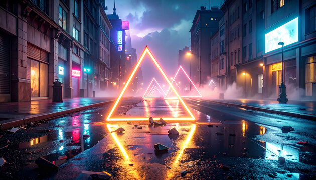 Tri&acirc;ngulos de n&eacute;on iluminam as ruas da cidade &agrave; noite.