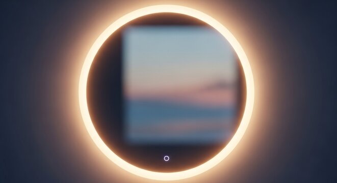 Espelho moderno iluminado com luz ambiente sobre um fundo neutro.