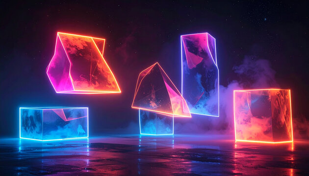 Formas geom&eacute;tricas neon sobre fundo preto