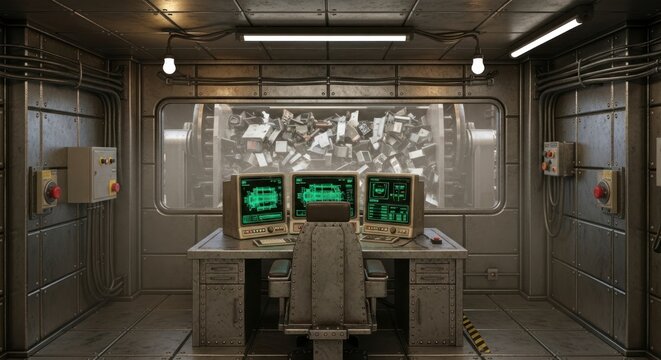 Interior da sala de controle com monitores e elementos industriais.