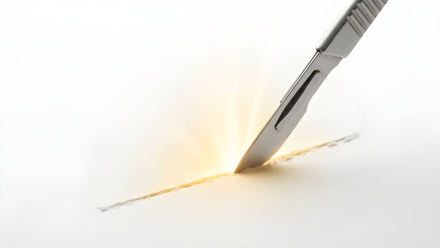 Minimalist realistic photo of a surgical scalpel cutting white paper revealing a glowing golden light.