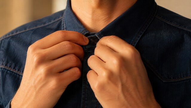 Man buttoning dark denim shirt collar