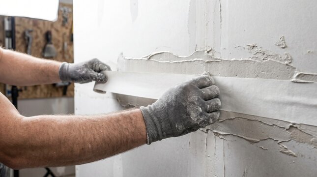 Construction worker embedding paper joint tape into wet drywall mud on a wall seam