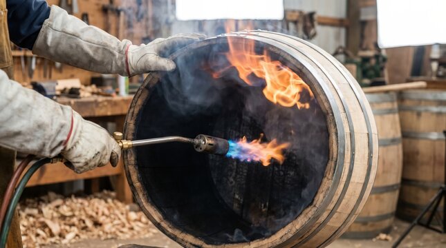 Cooper using a blowtorch to char the inside of a wooden oak barrel in a workshop
