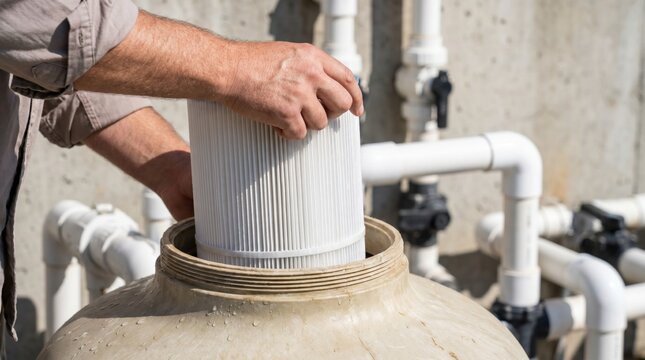 Maintenance worker inserting a new clean white pleated filter cartridge into a pool pump