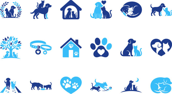 Group of animal family icons with dogs cats and veterinary symbols in loving relationships.
