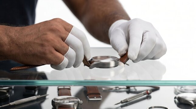 Professional watchmaker wearing finger cots carefully inspecting a steel watch case on a glass desk