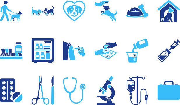 Collection of flat blue icons for veterinary medicine, animal care, pet health and medical supplies.
