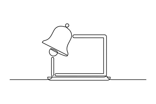 Continuous single line drawing of laptop with notification bell icon.