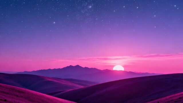 Sunset over rolling hills with starry sky