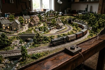 Fototapeta premium Detailed Miniature Train Set with Village and Landscape