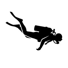 Fototapeta premium Silhouette of Scuba Diver Swimming Underwater with Tank