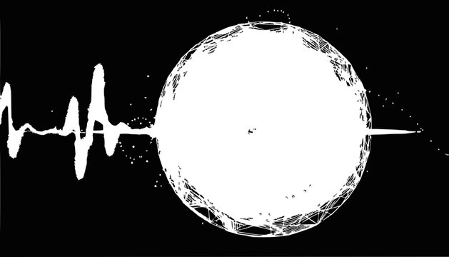 Abstract sound wave and digital sphere on black background, audio visualization