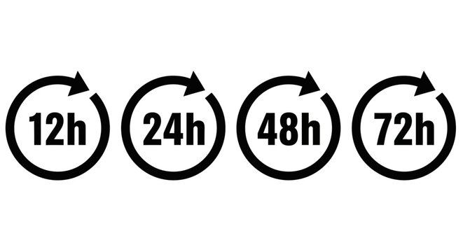 Time cycle icons, delivery timeline symbols, 12h 24h 48h 72h hours vector graphics