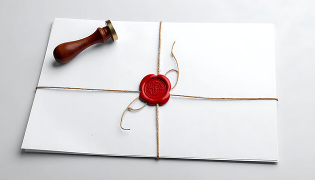 Document sealed with red wax and stamp, tied with string, emphasizing authenticity and security