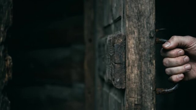A veiny hand grasps a rusty iron handle, pulling open a weathered, dark wooden door to the unknown. It conveys eerie anticipation, hidden secrets, and entering a dark new space.