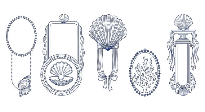 Seashell, ocean, frame, border, and label vector set, blue, illustrations