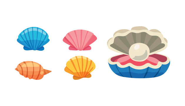 Sea shells collection with a pearl in an open shell. Set of colorful marine mollusks and seashells for beach, underwater, and ocean theme design. Vector illustration isolated on white background.