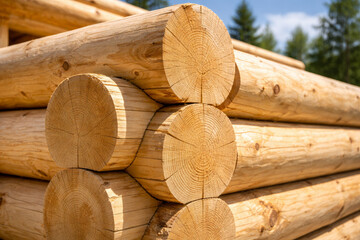 Obraz premium Close-up of stacked logs showcasing natural wood grain texture