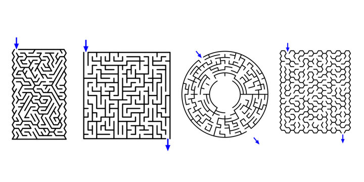 Maze puzzle set Polar, hex, rectangular, triangular Grid labyrinth maze with solution shaped maze puzzle vector, clean line art, printable logic game for activity for books publishing
