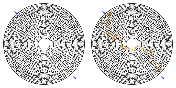 Polar Grid labyrinth maze with solution &ndash; shaped maze puzzle vector, clean line art, printable logic game for activity books, brain teaser, worksheets, and books publishing
