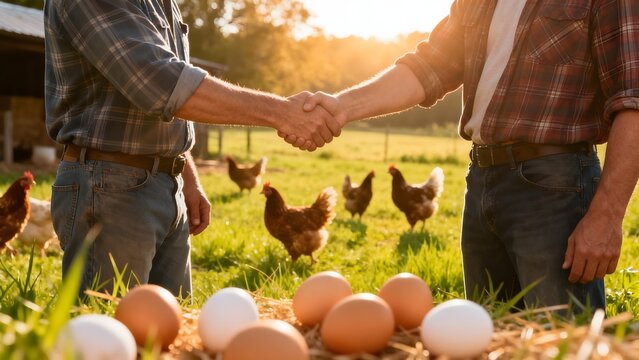 Farmers shaking hands with chickens and eggs