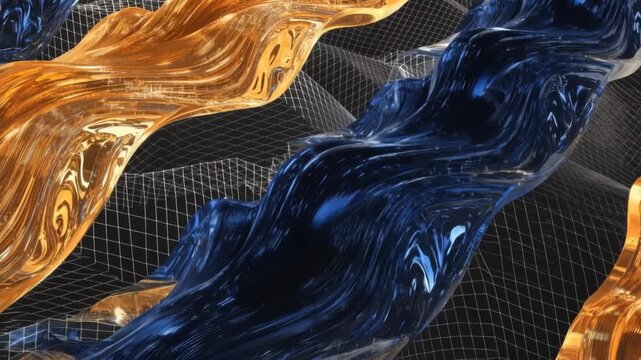 Abstract liquid ribbons of amber and deep blue flowing over a digital wireframe grid, dynamic motion and light reflection