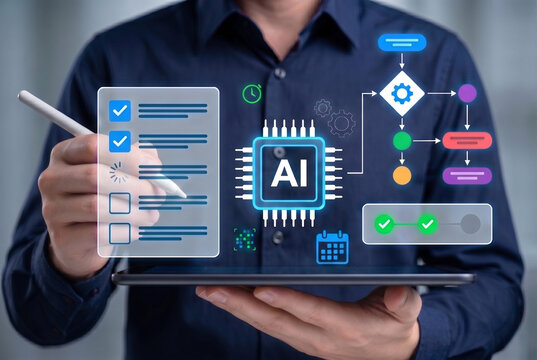 enterprise ai automation interface showing intelligent workflow management with task checklists and digital process orchestration for optimizing business productivity and monitoring system performance