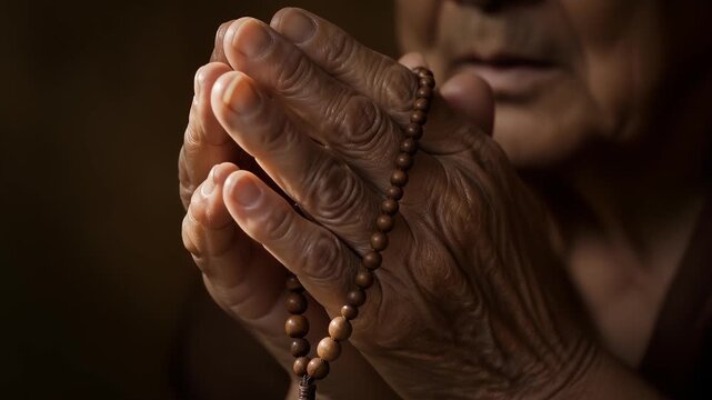 Elderly Persons Hands Praying with Prayer Beads, Expressing Faith and Serenity