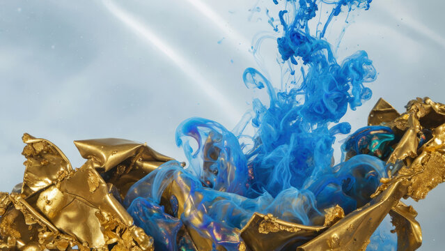 Esplosione di inchiostro blu su lamina d'oro: concetto astratto di lusso e creativit&agrave;