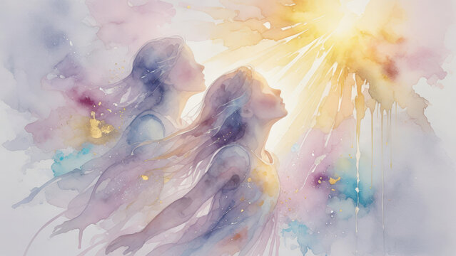 Figure angeliche eteree che si innalzano verso una luce divina