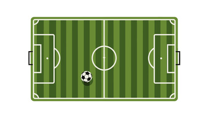 Overhead view of a striped green soccer field with white markings and a black and white football at the center. © Karyo