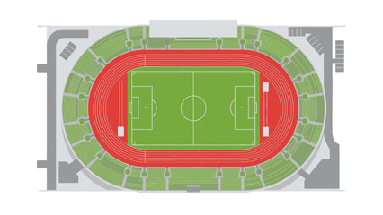 Top-down graphic illustration of a multi-purpose sports stadium with a football pitch and an athletic running track surrounded by spectator stands. © Karyo