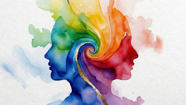 Fusione creativa: profili umani e vortice di colori ad acquerello