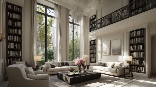Elegant modern luxury duplex living room interior design apartment with high glass windows white cozy sofas large bookcases crystal chandelier light fine home architecture staging real estate backdrop