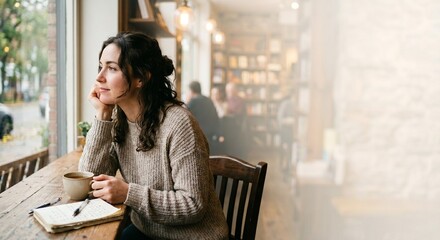 Fototapeta premium woman thinking, with plenty of copy space in a cafe