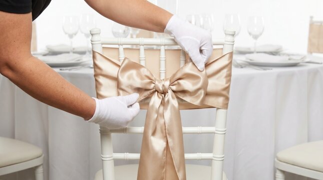 Event planner tying a golden silk bow onto a white chiavari chair for a reception