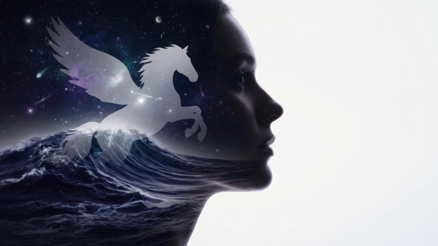 Sogni galattici: profilo umano con Pegaso e onde in doppia esposizione
