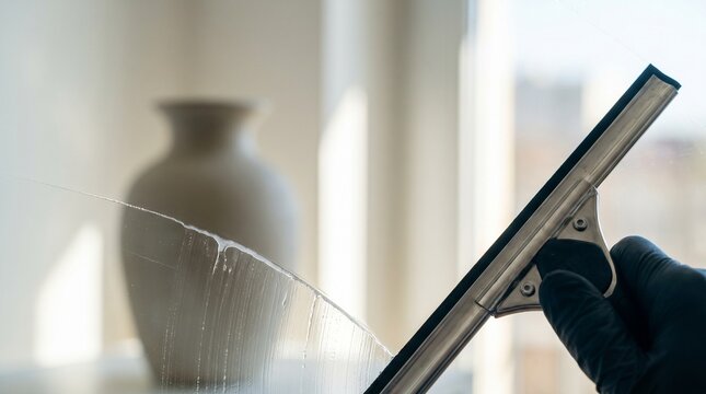 Black frame window polishing detail, Cloth cleaning glass edges, Modern residential service, Professional window care close up