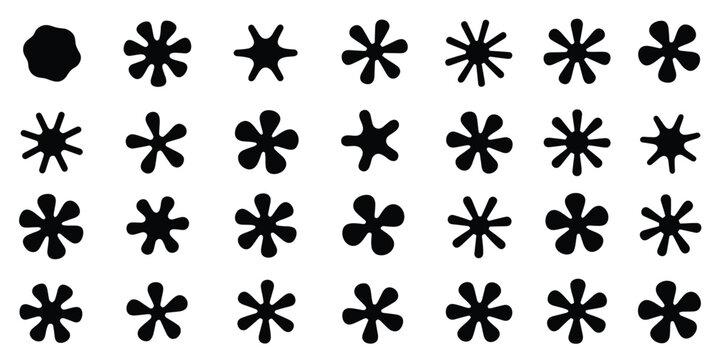 Collection of black asterisk shapes and blob shapes on white background star organic