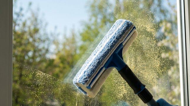 Basement window cleaning detail, Exterior frame with water droplets, Brush and cloth on ledge, Residential property care service photo
