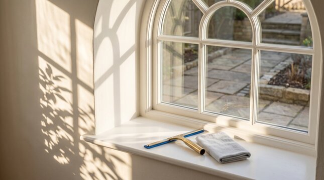 Window washer mop spreading suds, Wide glass pane cleaning, Professional residential service detail, Bright reflective glass close up