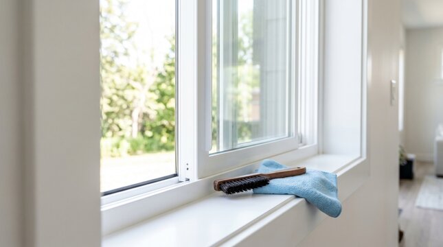 Pollen dust removed from window, Sponge cleaning exterior glass, Spring residential maintenance, Professional home service close up