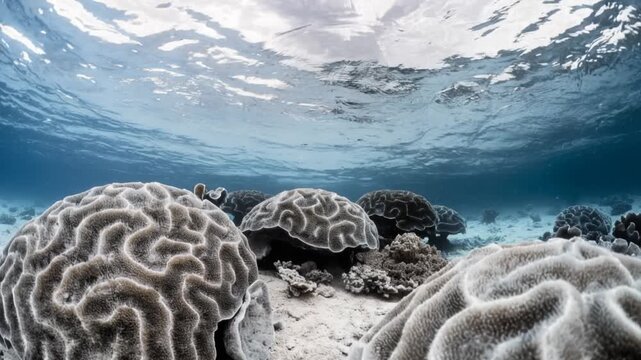 Underwater scene with brain corals on sandy seabed, sunlight filtering through clear tropical ocean water, gentle waves above.