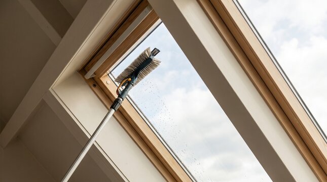 Sliding window opened after cleaning, Fresh air and clean track, Brush and cloth on sill, Residential home service detail photo