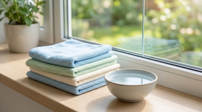 Professional window cleaning tools hero image, Spotless large window with copy space, Premium home service marketing, Clean glass maintenance background
