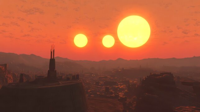 A futuristic city on another planet, with two suns setting in the distance.