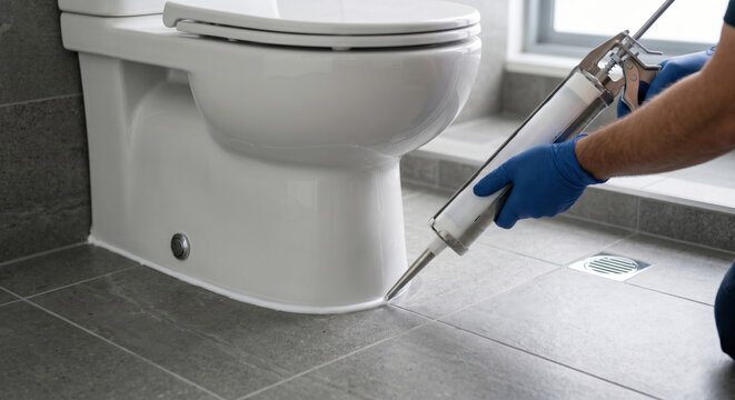 Technician using a caulking gun to apply silicone sealant around a toilet base, ensuring waterproofing, hygiene, and a secure bathroom installation.